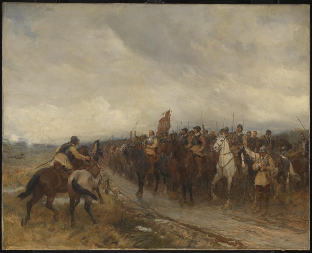 painting of men on horseback in battle