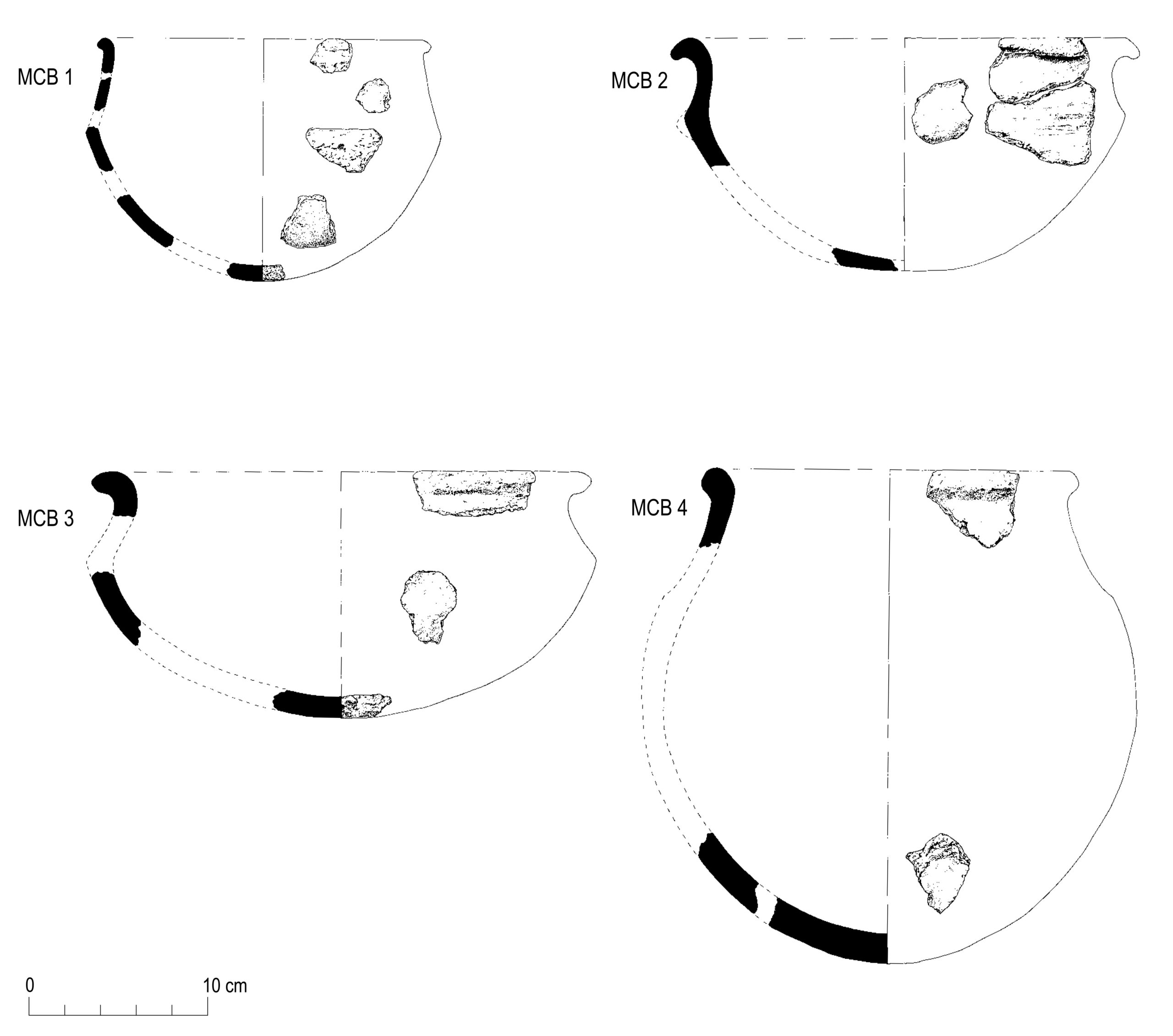 4 section drawings of modifed CB pottery