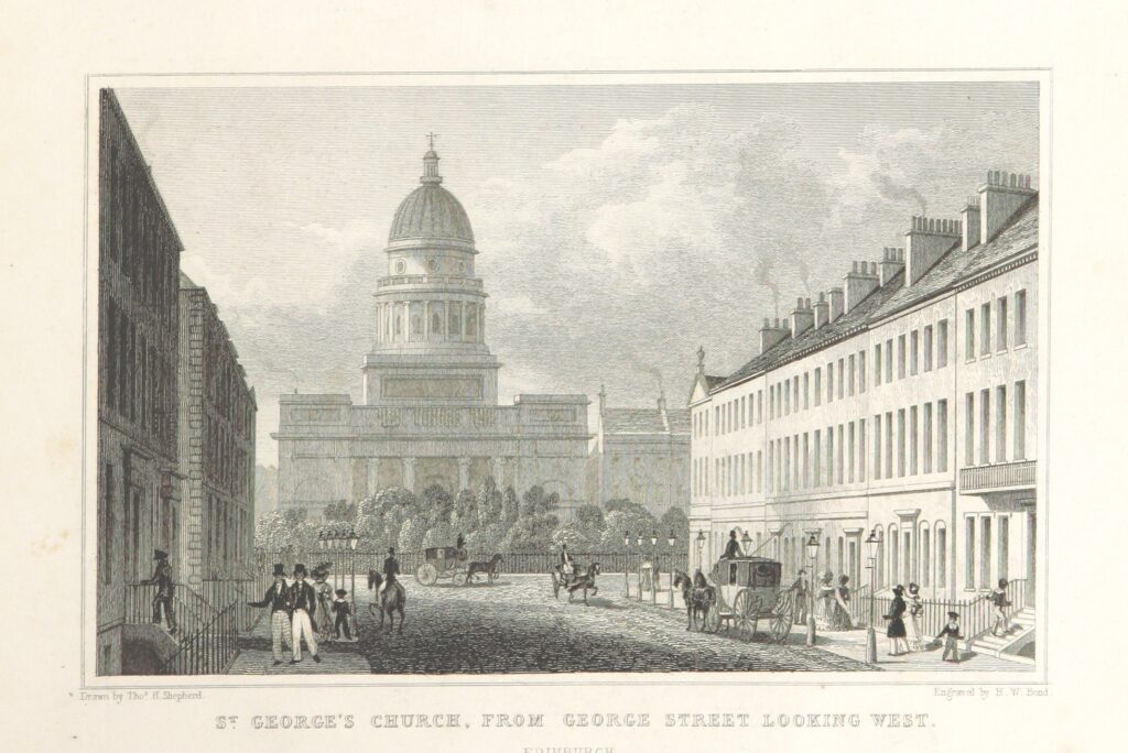 Image of an old drawing of St George's from George Steet, with people, carts and horses in foreground