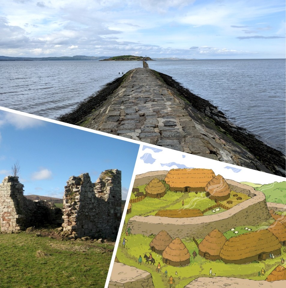 Top: Cramond causeway, Edinburgh © Bess Rhodes; Bottom left: Fulton Tower, Scottish Borders © Jane Bower; Bottom right: Settlement Fort in Carved in Stone © Anine Bösenberg