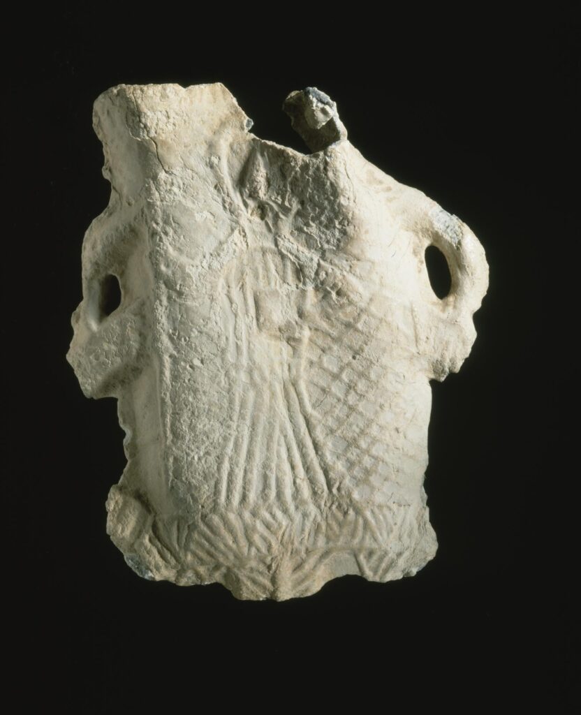 White pewter ampulla with engravings and handles either side, black background