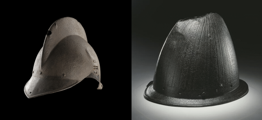 Two photos of helmets side by side on black / grey backgrounds