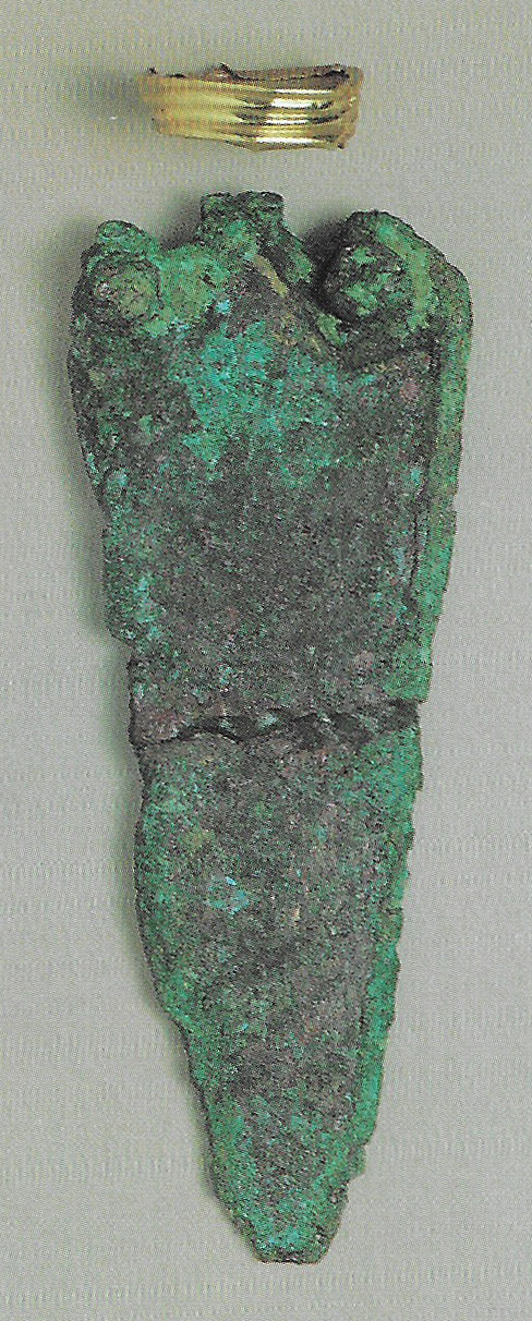 photograph of bronze dagger with corrosion and gold pommel above