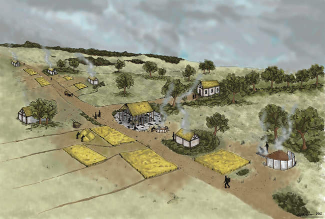 Drawn image of village with houses, field systems and trees, in colour