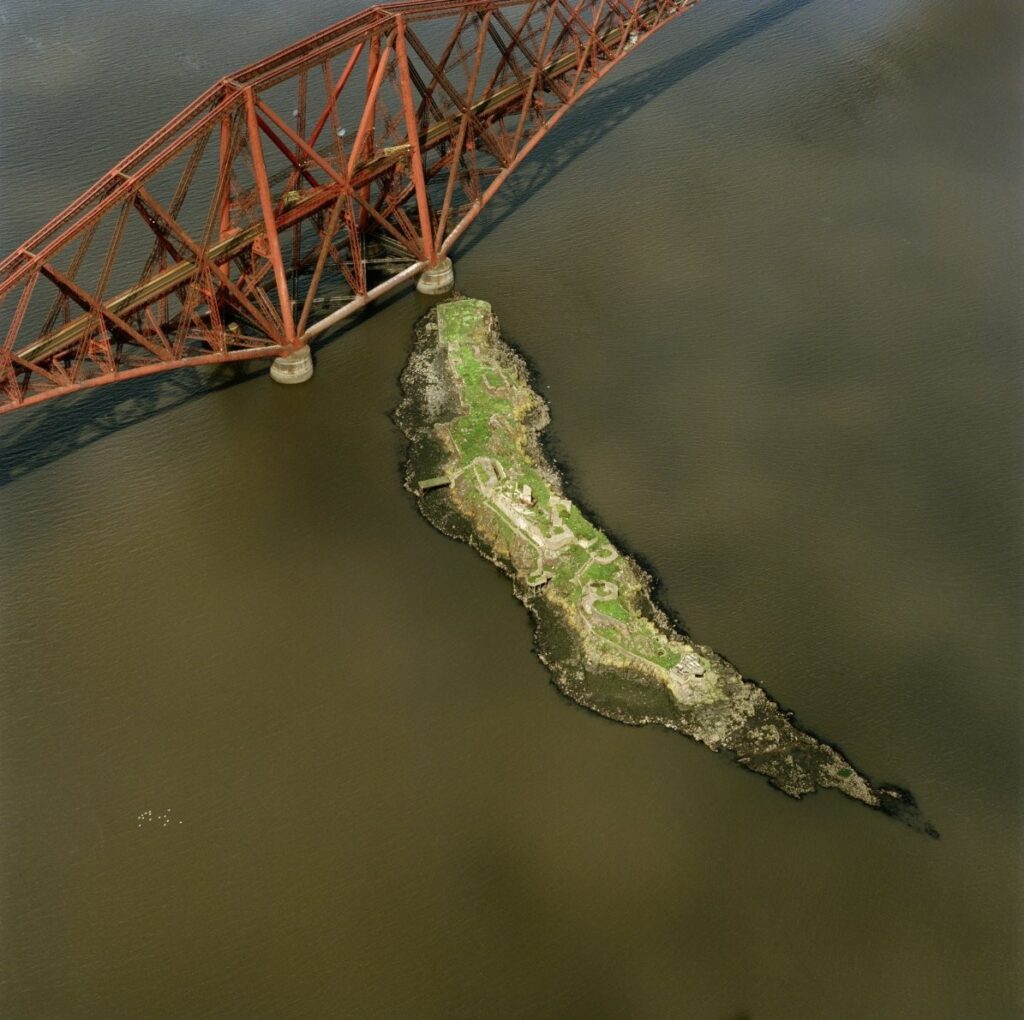 aerial view of island below the forth rail bridge