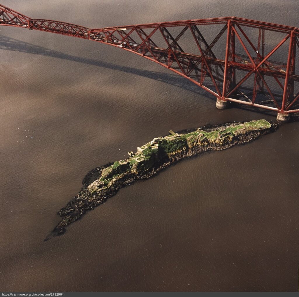 Aerial view of Inchgarvie Island beside Forth Bridge
