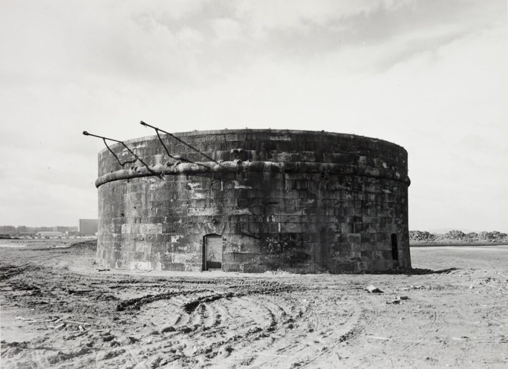 black and white image of the tower in the centre frame 
