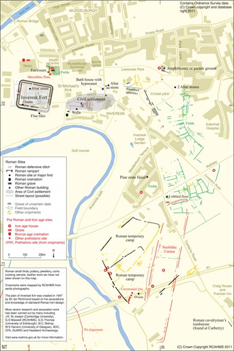 Map on yellow background of Monktonhall, with natural and built features colour coded