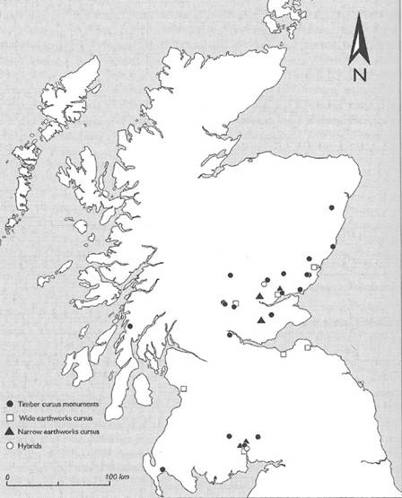 Outline map of Scotland and Northern England, with symbols and key