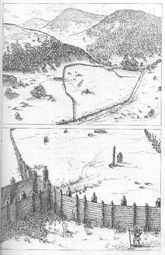 Two images of reconstructed drawing of meldon bridge - the upper shows the settlement within the landscape of hills and trees, and lower shows the palisade