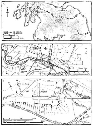 Three line drawing location maps of Meldon Bridge, zooming in within each frame