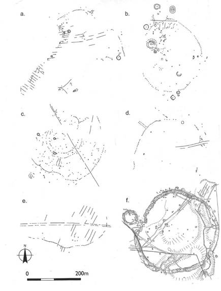 Plans of enclosures of comparable sizes lettered a - f. 