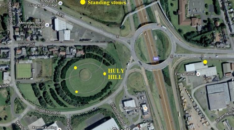 aerial view showing main road and settlements, with standing stones marked in yellow