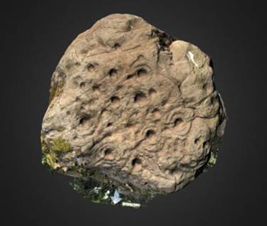 3D model of cup and ring marks on a rock, against a black background