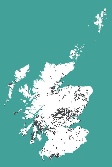 Map of Scotland, against green background, with sites marked by black dots