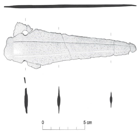 Drawing of bronze halberd, with section views