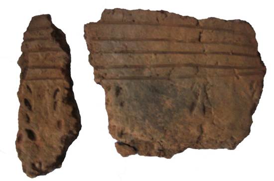 Photographs of pottery sherd with decoration against white background