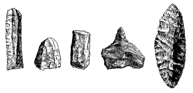 Hand drawings of 5 flint artefacts in a row, black and white
