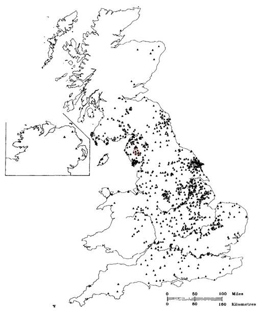 Map of Britain on white background with black markers 