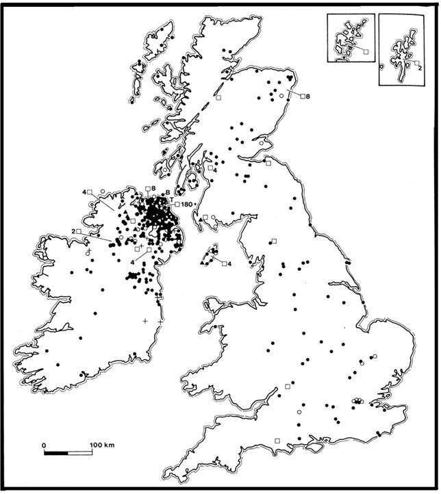 map of Britain and Ireland with sites marked in black circles and white squares