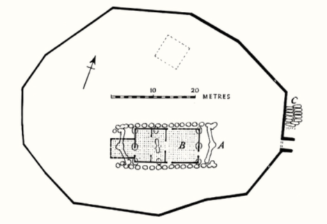 Plan drawing of settlement with enclosure and post holes