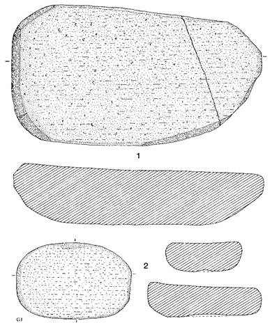 drawings of saddle querns, plan and section views