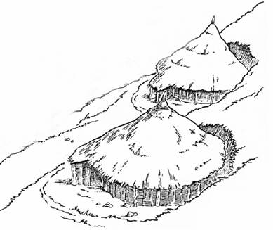 Drawn reconstruction of two roundhouses on a slope with straw roofs