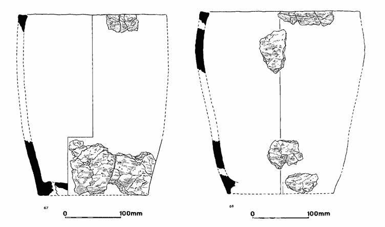 Drawing of bucket urns, outline and and profile, with fragment pieces drawn in place