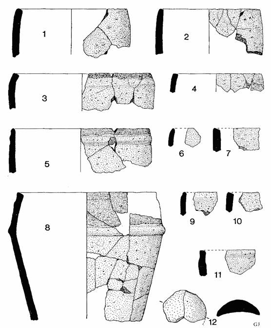 Drawings of 12 fragments of pottery, with section and outer face