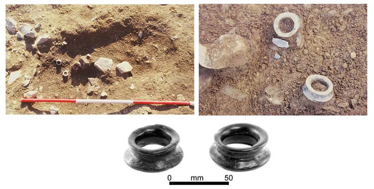 Two photographs of 'napkin rings' in situ, on left rings sit in trench, on right zoomed in. Below the photos are photographs of rings post conservation against white background