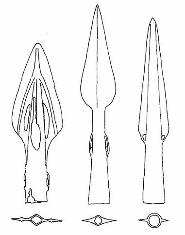 Line drawings of three spearheads, of differing sizes and detail
