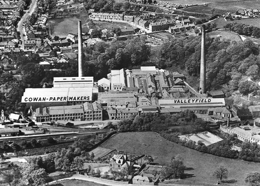aerial view of valleyfield mills in black and white