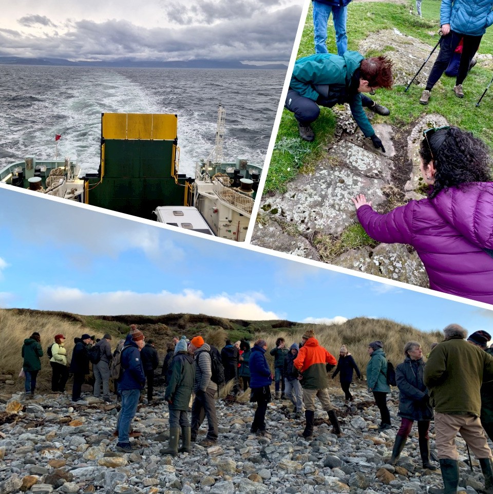 Top left: Ferry to Arran for SWSARF Symposium © Rathmell Archaeology Limited; top right: Fieldtrip to High Banks Farm during the Kirkcudbright Rock Art workshop © ScARF; bottom: Participants of the Outer Hebrides SIRFA Symposium © ScARF