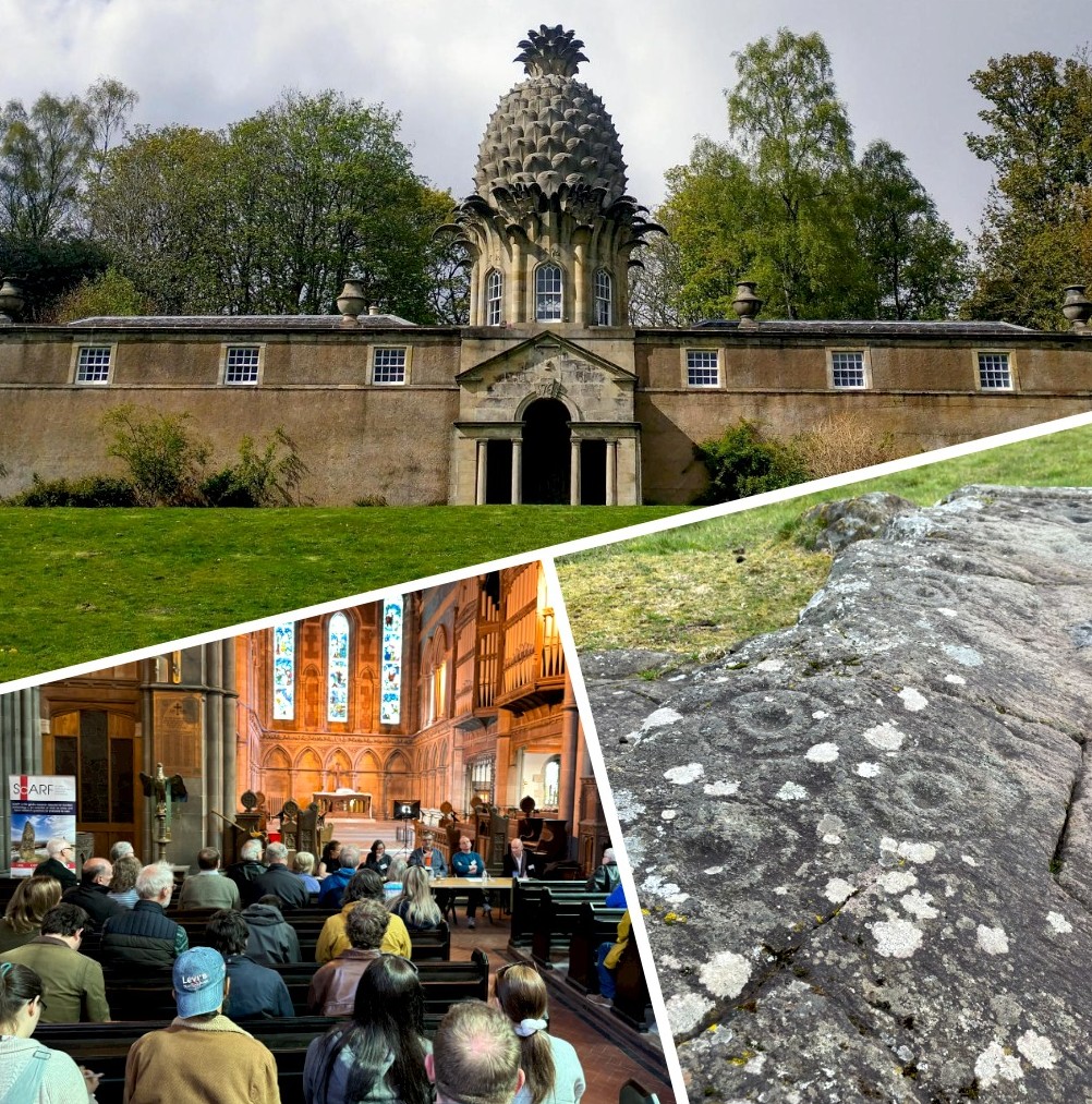 Top: Dunmore Pineapple, Stirlingshire; Bottom left: A panel of speakers at the 2024 CVARF Symposium at Govan Old Church; Bottom right: Baluachraig Rock Art, Kilmartin © ScARF