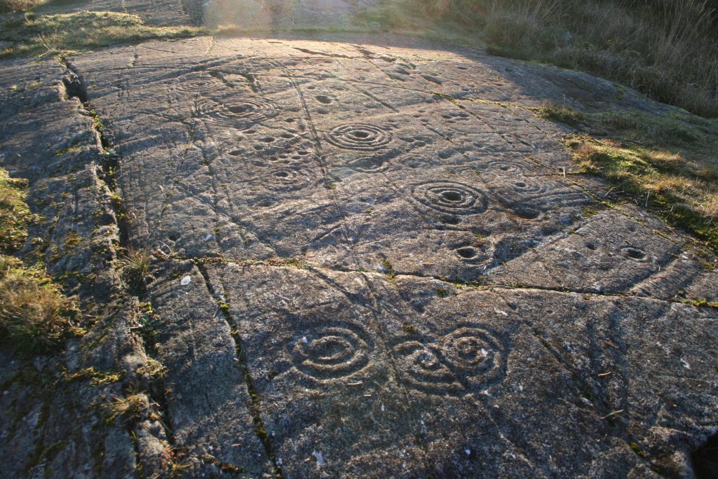 Flat rock with carvings partially covered with grass and moss