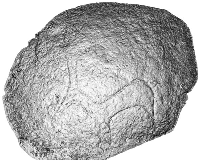 3d model in greyscale of a rounded stone with a deer carving