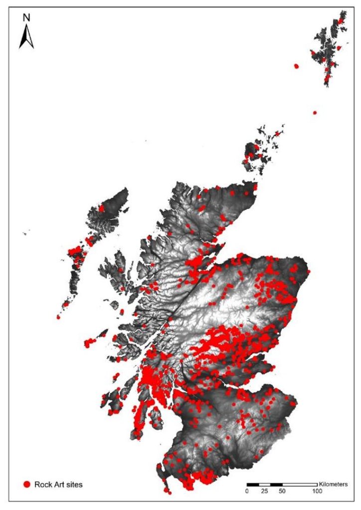 A digital distribution map showing the locations of known rock art in red.