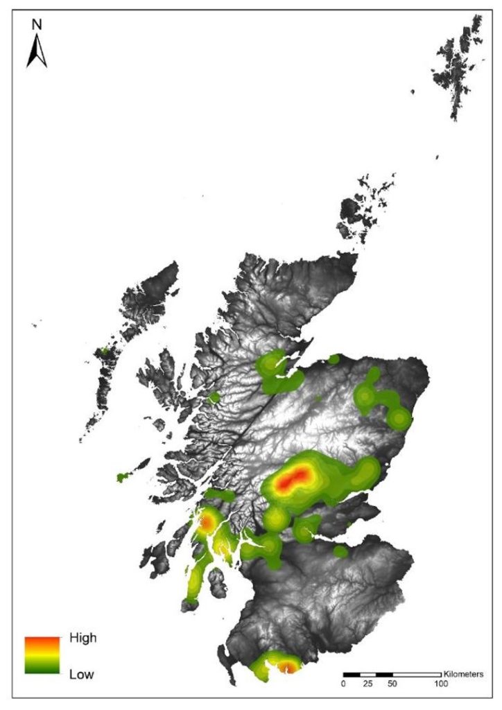 A digital distribution map showing the density of rock art, using a scale of green to red to show where the most have been found. 