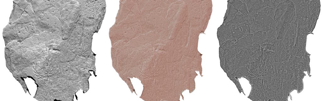 3 side-by-side renderings in grey, pink and black showing the same area of stone, with the different renderings showing different detail of the carvings. 