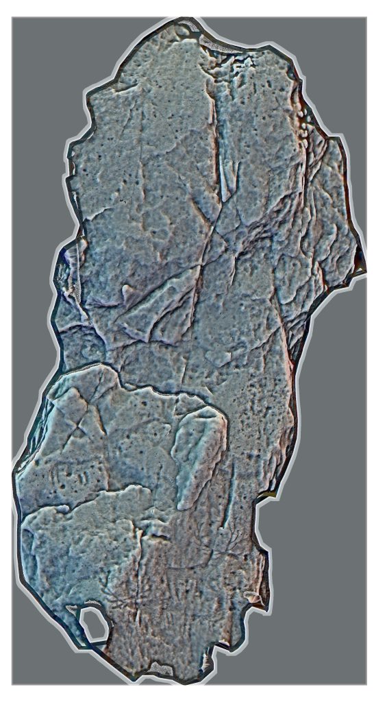 Grey and blue 3d model of a long, vertical stone which is very textured, showing various layers of the stone itself, as well as some line carvings. 