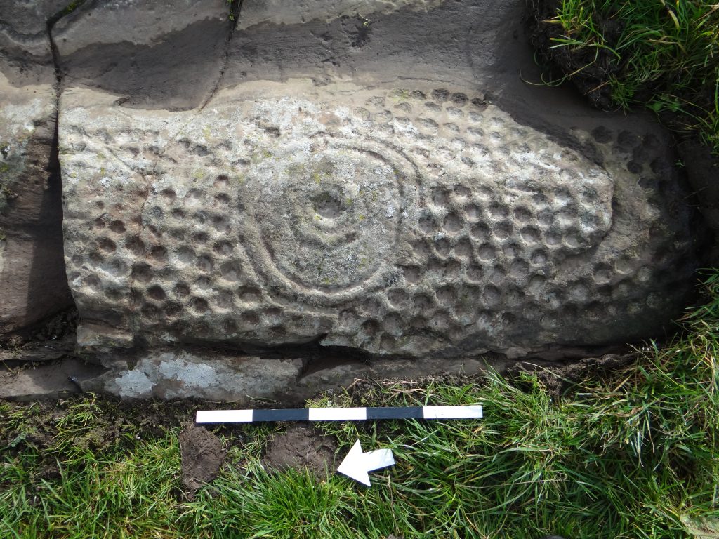 A horizontal whte stone with a large concentric circle in the centra and deep cupmarks surrounding it.