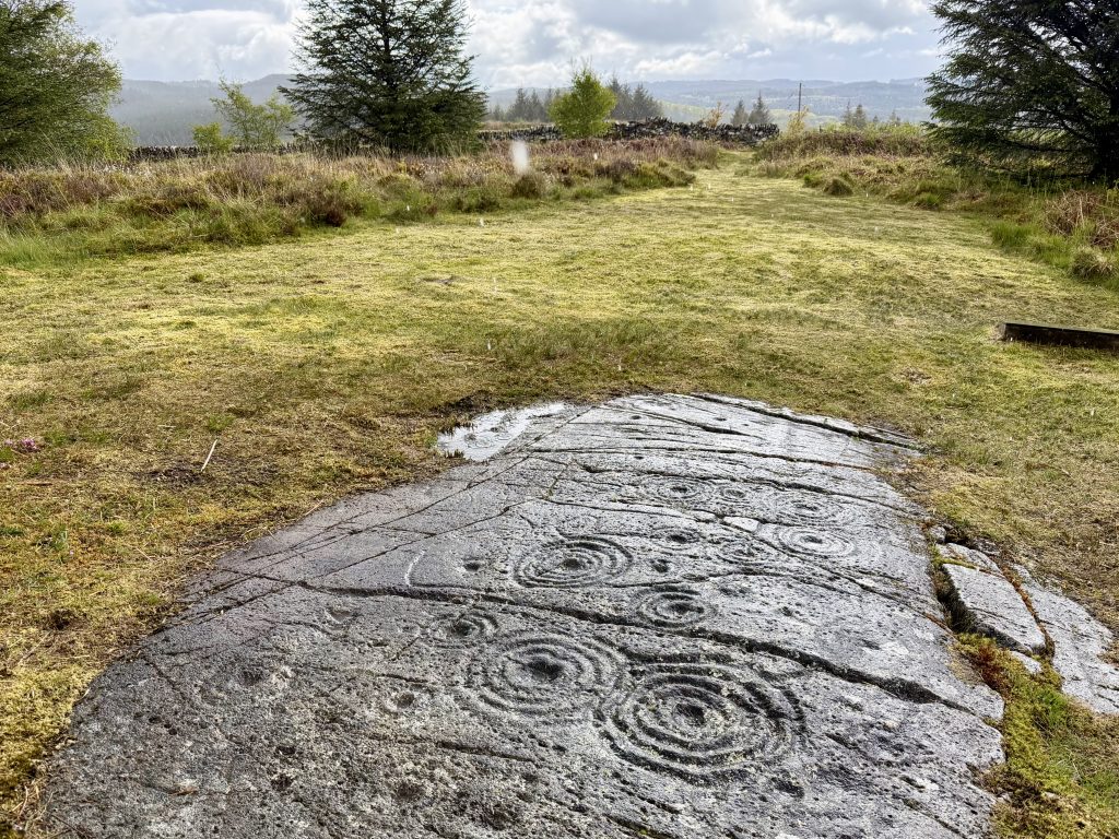 A flat stone level with a grassy hilltop with concentric circles carved on top.