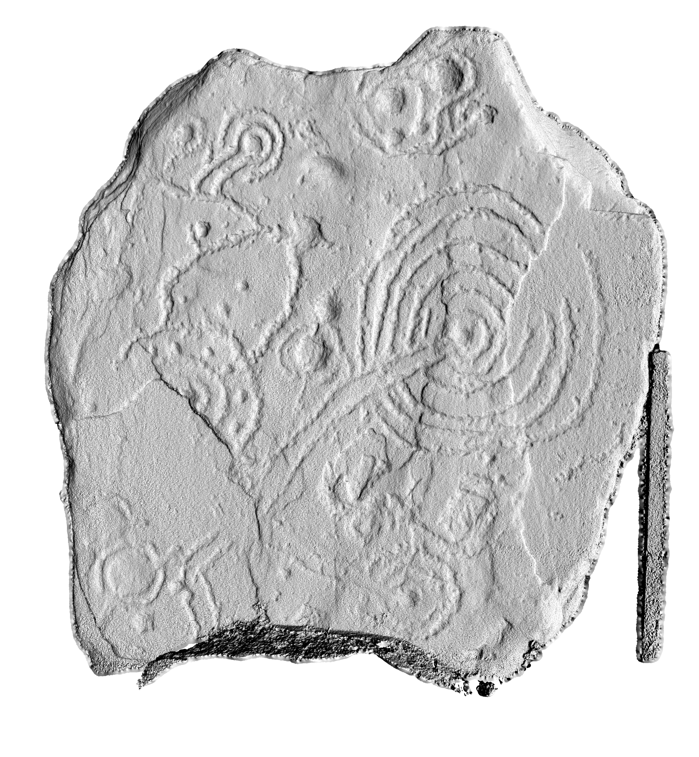 A greyscale 3d image of an oblong stone with concentric circles and cupmarks across the front. 