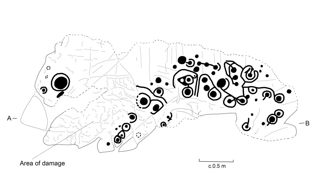 Digital drawing of rock art in black lines, with spirals, circled and wavy lines. 