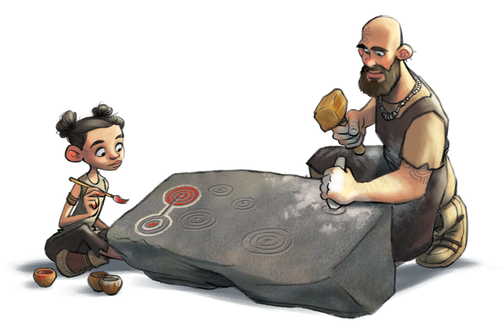 Illustration showing two people working on a large stone slab. One is using a hammer and chisel to carve the stone, and the other is painting a circular carved motif with red paint.