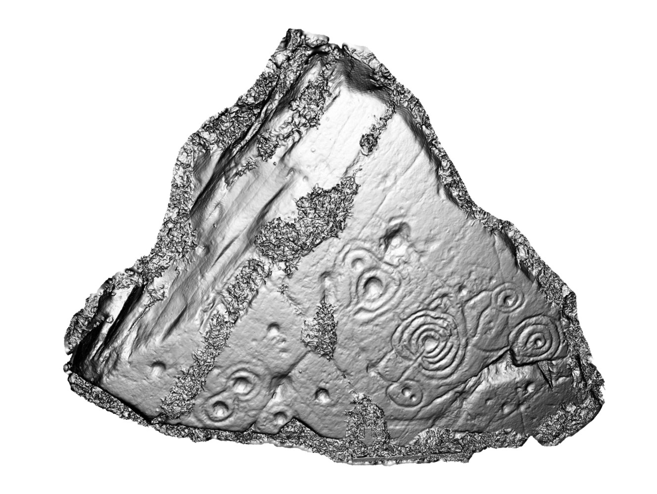 A triangular shaped stone fragment with spirals and cupmarks. A silver-toned 3d model. 