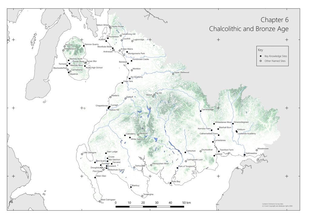 Landscape plan of South West Scotland showing topography, rivers and coastline. The plan is overmarked with the location of Key Knowledge Sites and Other Named Sites for Chapter 6 Chalcolithic and Bronze Age