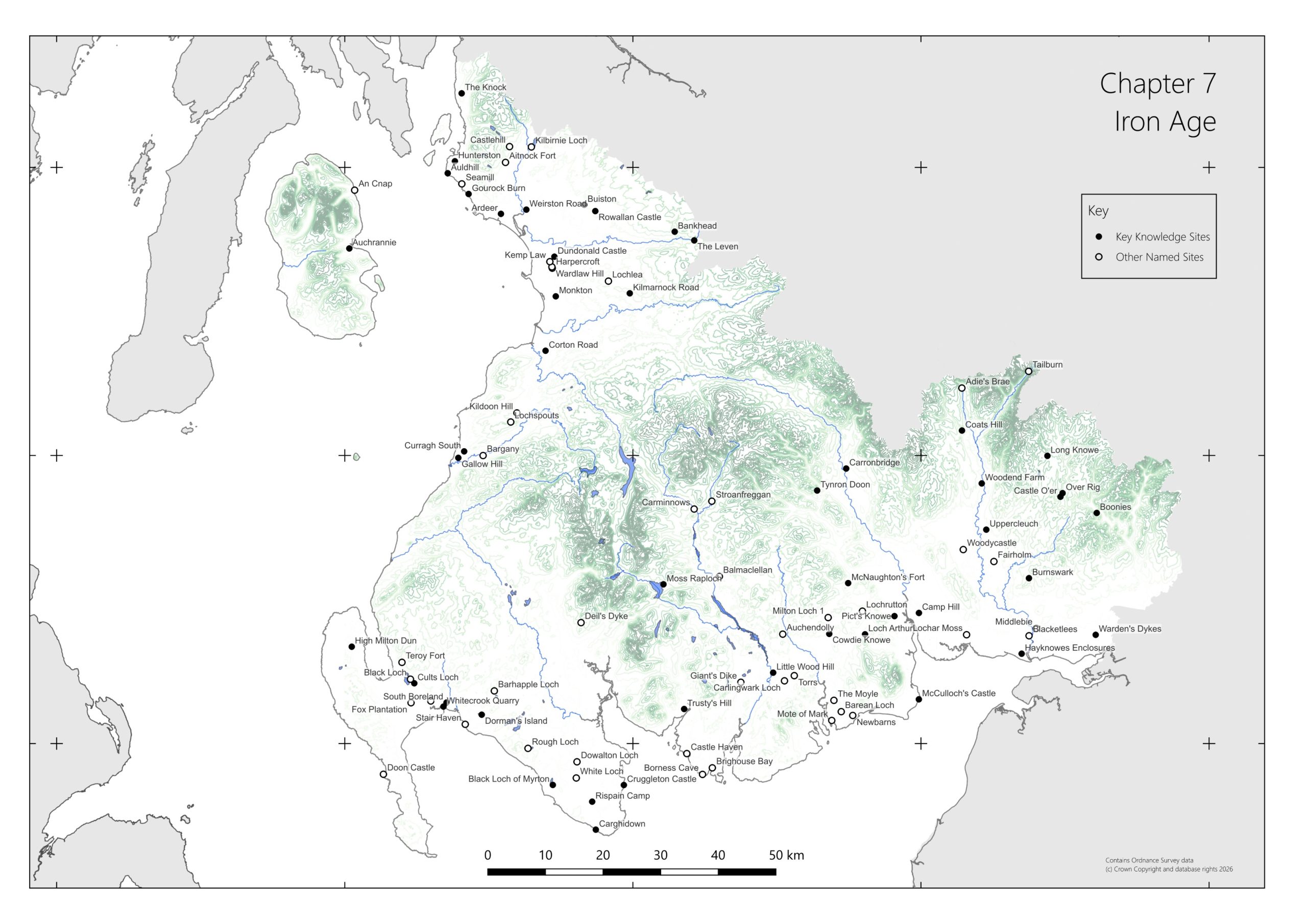 Landscape plan of South West Scotland showing topography, rivers and coastline. The plan is overmarked with the location of Key Knowledge Sites and Other Named Sites.