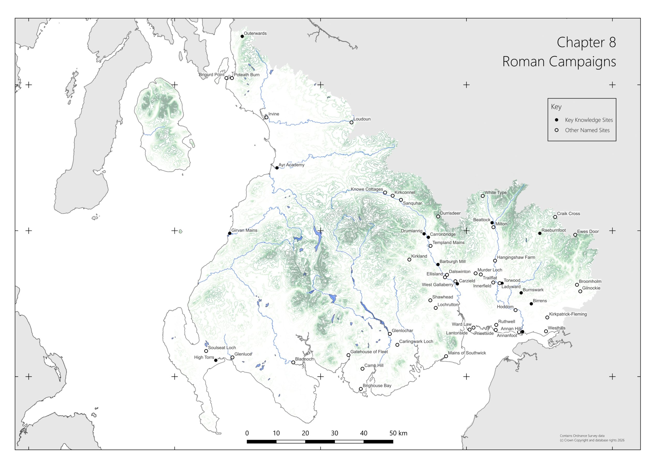 Landscape plan of South West Scotland showing topography, rivers and coastline. The plan is overmarked with the location of Key Knowledge Sites and Other Named Sites.