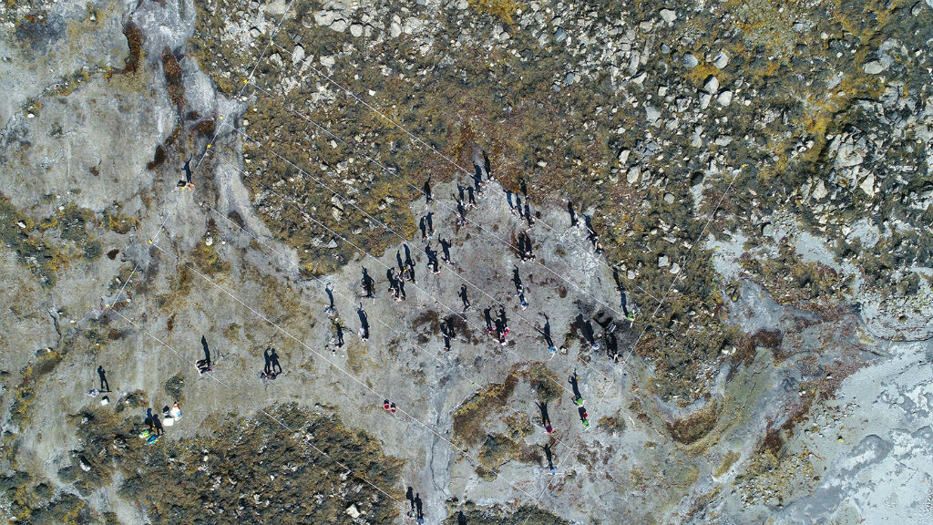 Aerial image showing various people standing on a vast stone, peat and moss landscape. Their shadows are recreating how the prehistoric forest would have looked there. 
